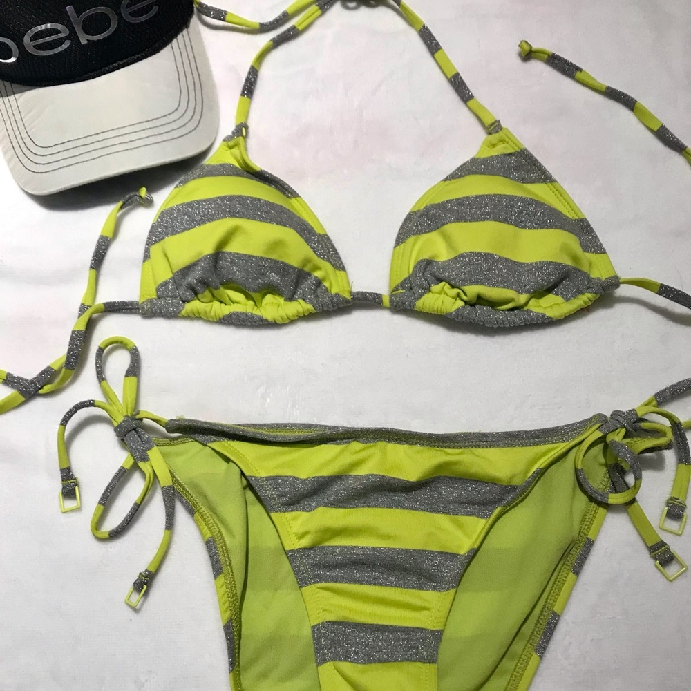 Bikini Labs Neon Yellow and Metallic Silver Striped Bikini Triangle Tie & Bottom